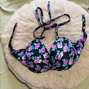 Xhilaration Black and Purple Floral Bikini Top